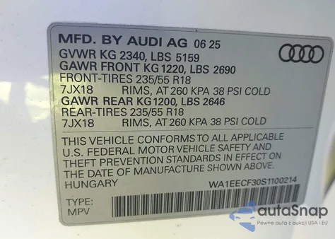 2025 Audi Q3 Premium 45 Tfsi S Line Quattro Tiptronic из США, поврежденный, VIN WA1EECF30S1100214